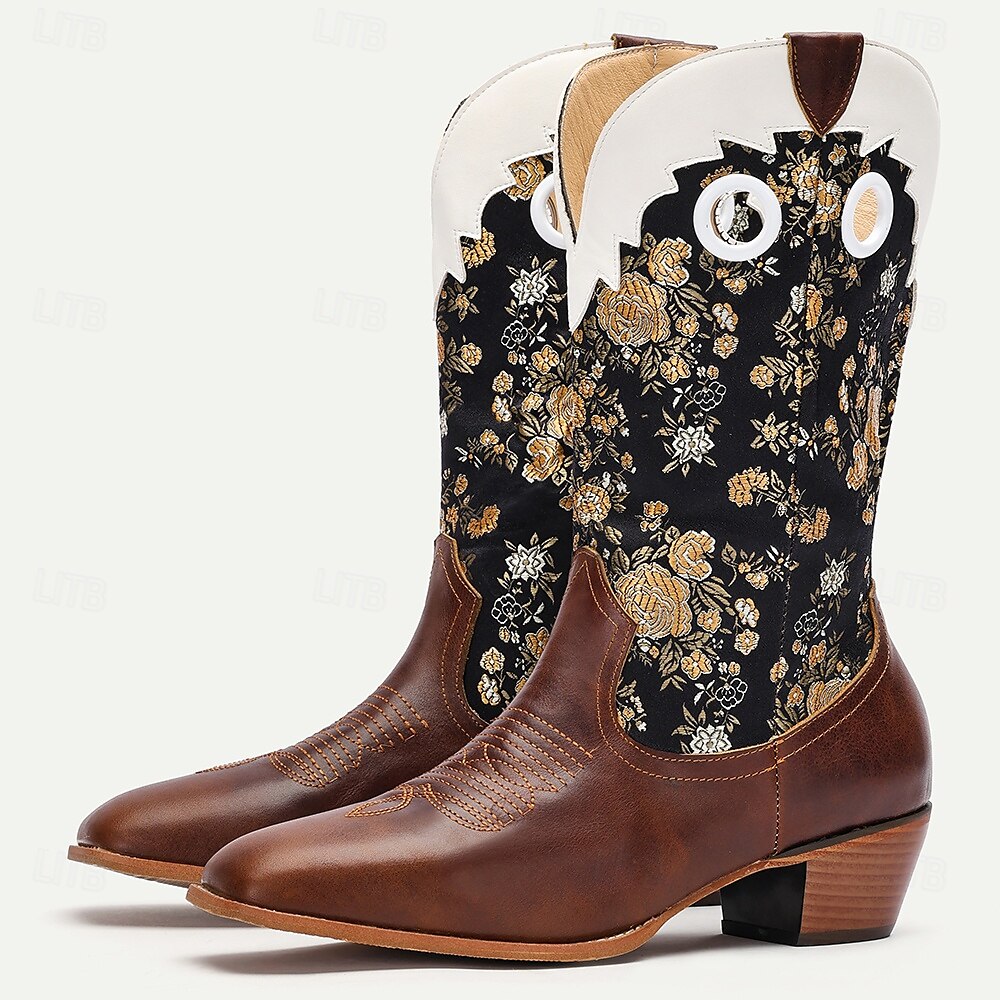 Men's Premium Cowhide and Jacquard Fabric Western Cowboy Boots with Gold Floral Embroidery-Vintage Style Boots for Ranch and Outdoor Wear