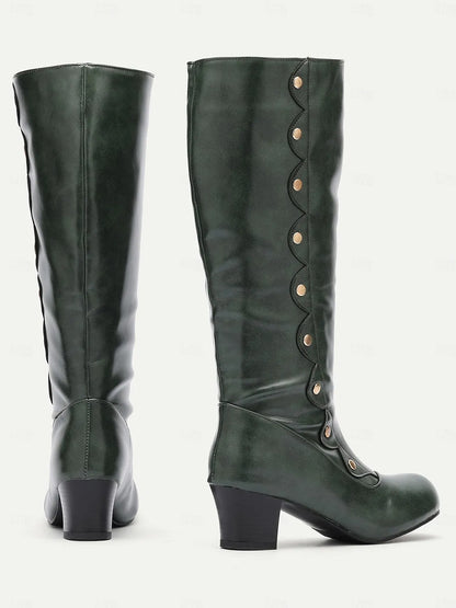 Vintage-Style Black Knee-High Boots with Decorative Buttons and Block Heels for Women