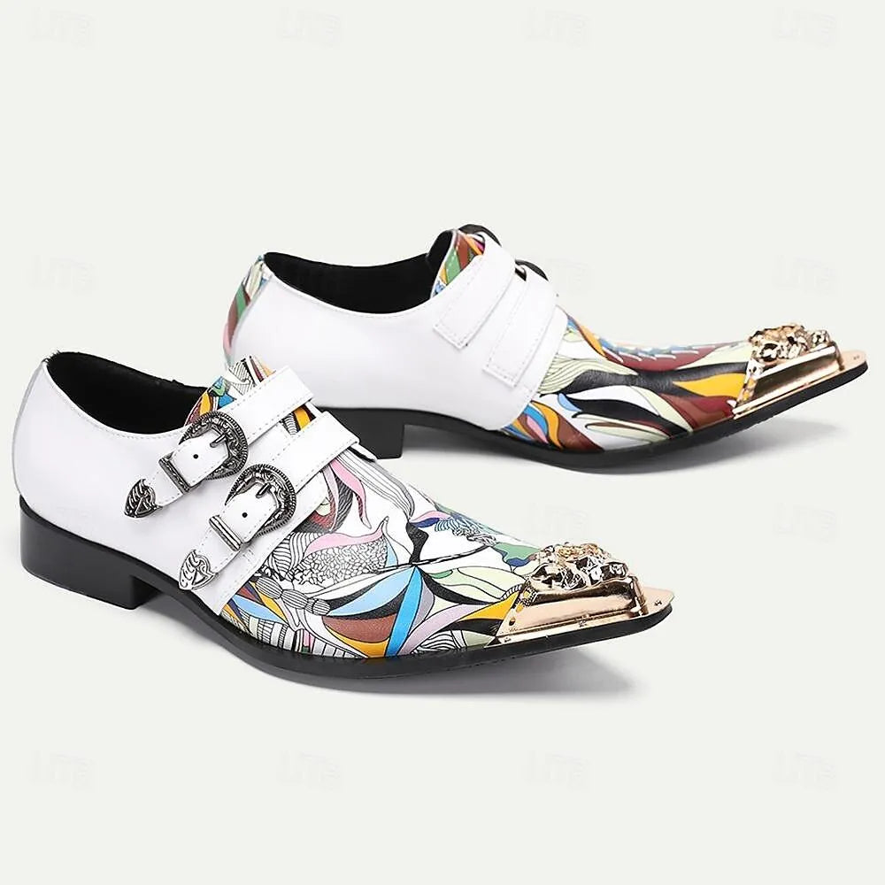 Men's White Monk Strap Shoes Colorful Artistic Print Lion Head Buckles - Tokiyos