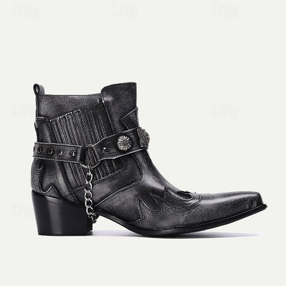 Men's Black Premium Cowhide Leather Motorcycle Boots with Western Style, Metal Studded Strap, and Chain Accent - Perfect for Biker and Cowboy-Inspired Fashion