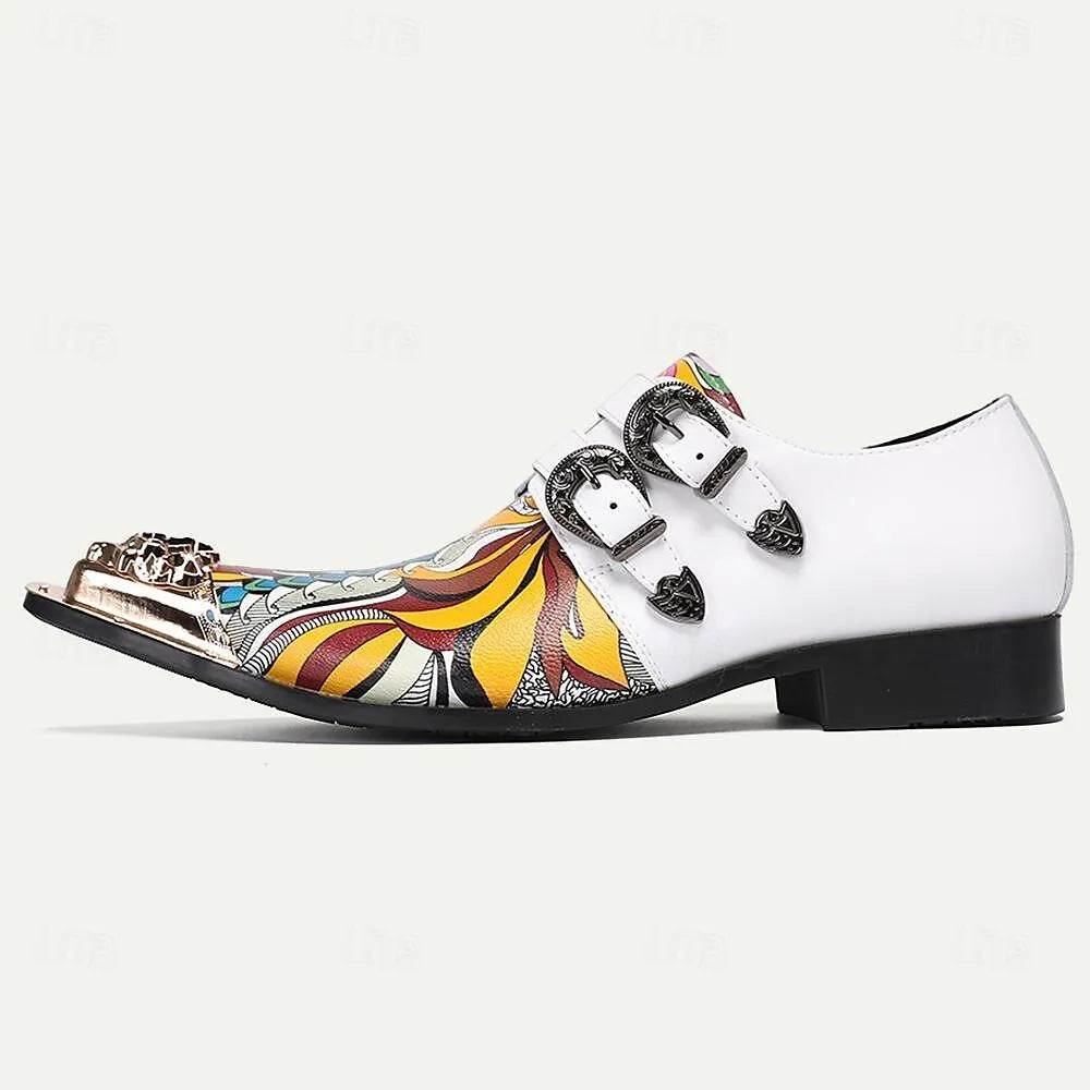 Men's White Monk Strap Shoes Colorful Artistic Print Lion Head Buckles - Tokiyos