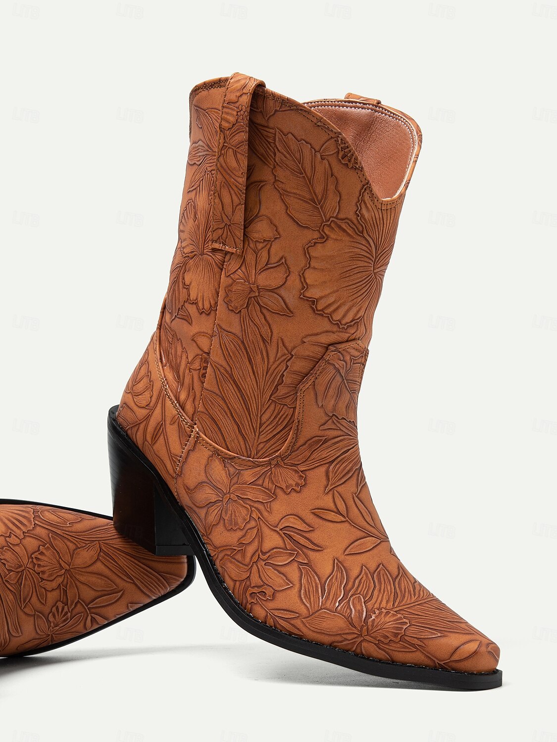 Women's Floral Embossed Western Cowboy Boots in Brown – Mid-Heel Pull-On Boots for Outdoor and Casual Wear