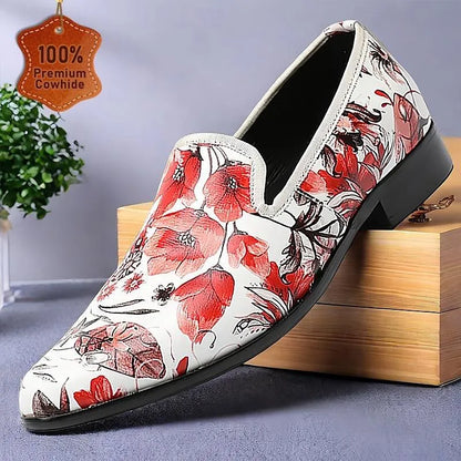 Men's Floral Print Slip-On Dress Shoes in Red and White - Tokiyos