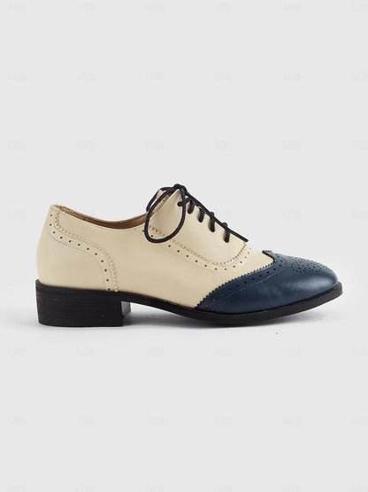 Women's Two-Tone Navy and Cream Lace-Up Oxford Shoes with Brogue Detailing