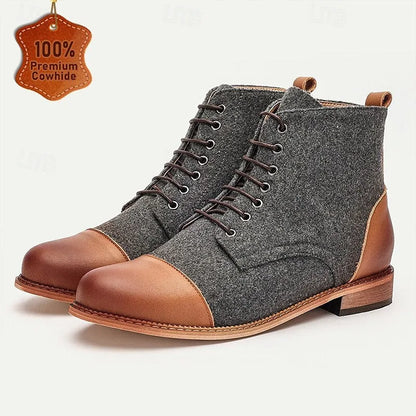 Men's Premium Cowhide and Wool Lace-Up Boots with Leather Toe Cap and Heel