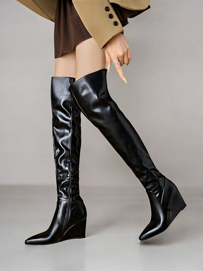 Women's Black Over-the-Knee Wedge Heel Boots Sleek Faux Leather