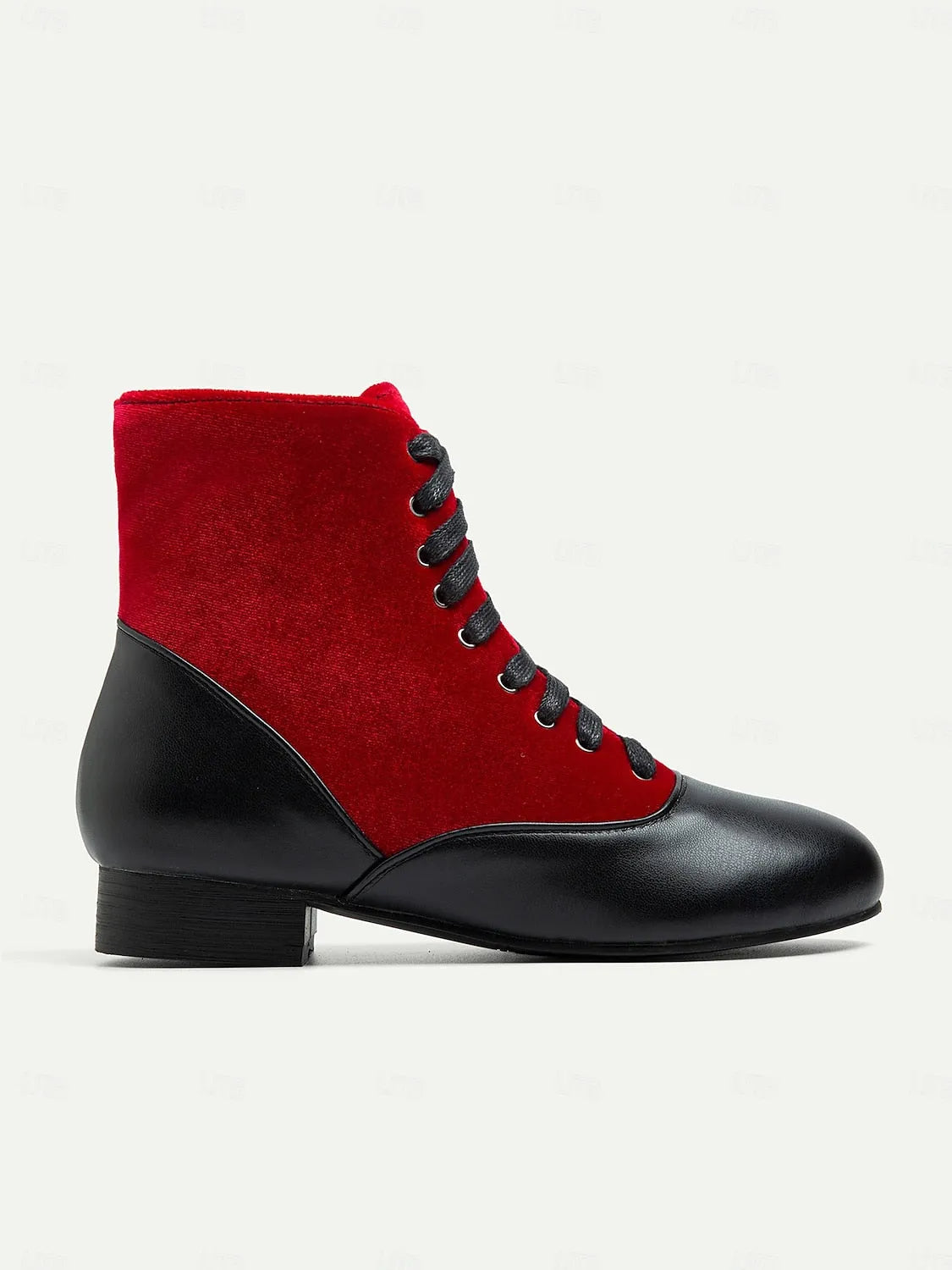 Women's Victorian Red and Black Lace-Up Ankle Boots with Suede and Leather Contrast