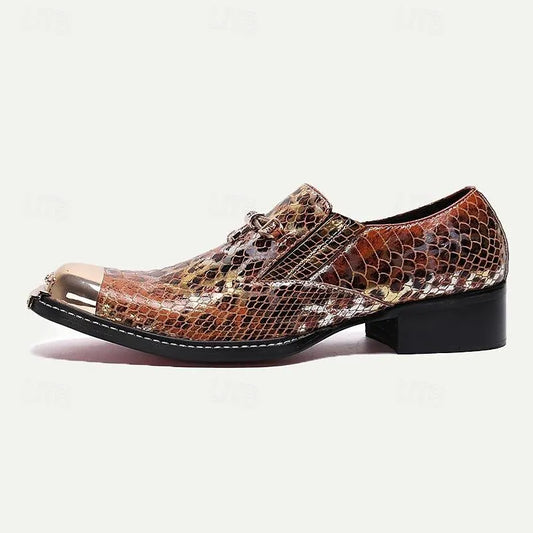 Men's Exotic Copper Snakeskin Print Leather Dress Shoes with Metal Cap Toe - Tokiyos