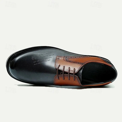 Men's Black and Brown Leather Oxford Shoes with Brogue Detailing, Classic Two-Tone Dress Shoes for Formal and Business Wear