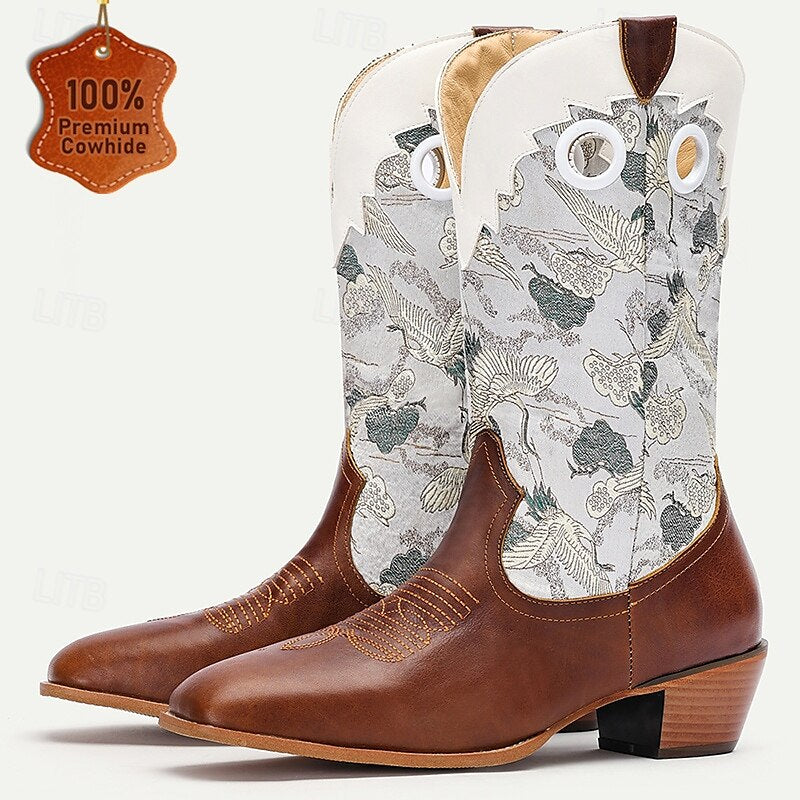 Men's Premium Cowhide Western Cowboy Boots with Embroidered Crane Pattern-Vintage Style Boots for Ranch and Outdoor Wear