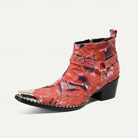 Men's Premium Cowhide Motorcycle Boots with Floral Design and Metal Toe Cap - Western Ankle Boots for Riding and Casual Wear