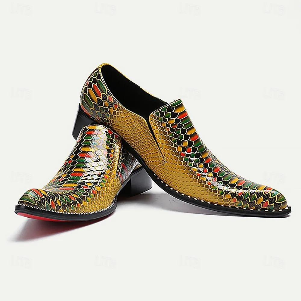 Men's Multicolor Snake Print Loafers: Vibrant Slip-On Shoes with Exotic Appeal - Tokiyos