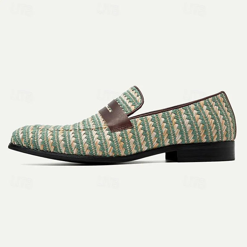 Men's Green and Beige Woven Loafers - Breathable Slip-On Casual Shoes