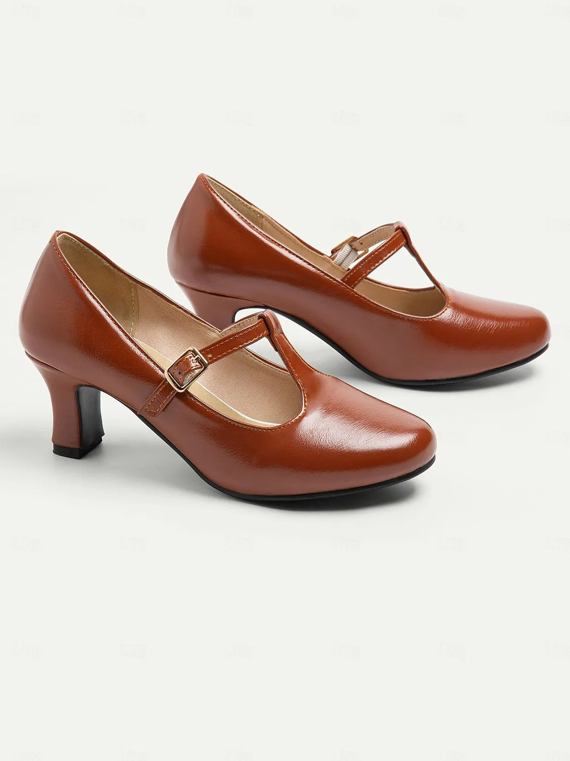 Women's Brown T-Strap Mary Jane Pumps with Mid Heel - Classic Vintage Style Dress Shoes for Formal and Casual Wear