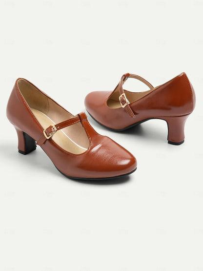 Women's Brown T-Strap Mary Jane Pumps with Mid Heel - Classic Vintage Style Dress Shoes for Formal and Casual Wear