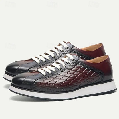 Men's Quilted Cowhide Leather Lace-Up Sneakers with Red and Black Gradient Design - Stylish Casual Shoes for Everyday Wear