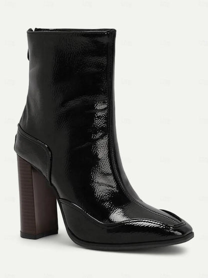 Chic Bright Black Ankle Boots with Block Heels and Zipper Closure for Women