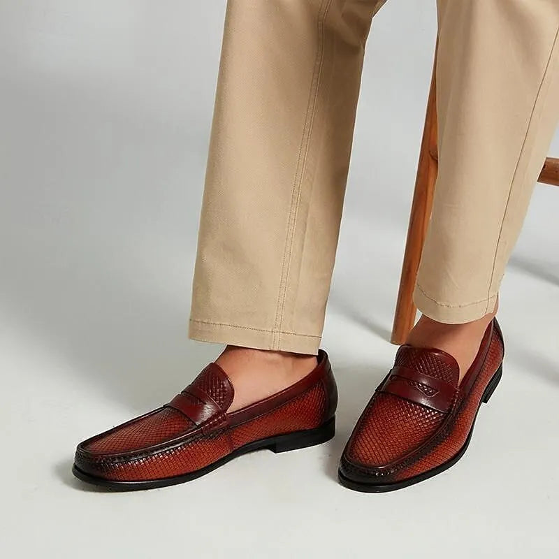 Men's Woven Leather Loafers in Rich Brown - Tokiyos