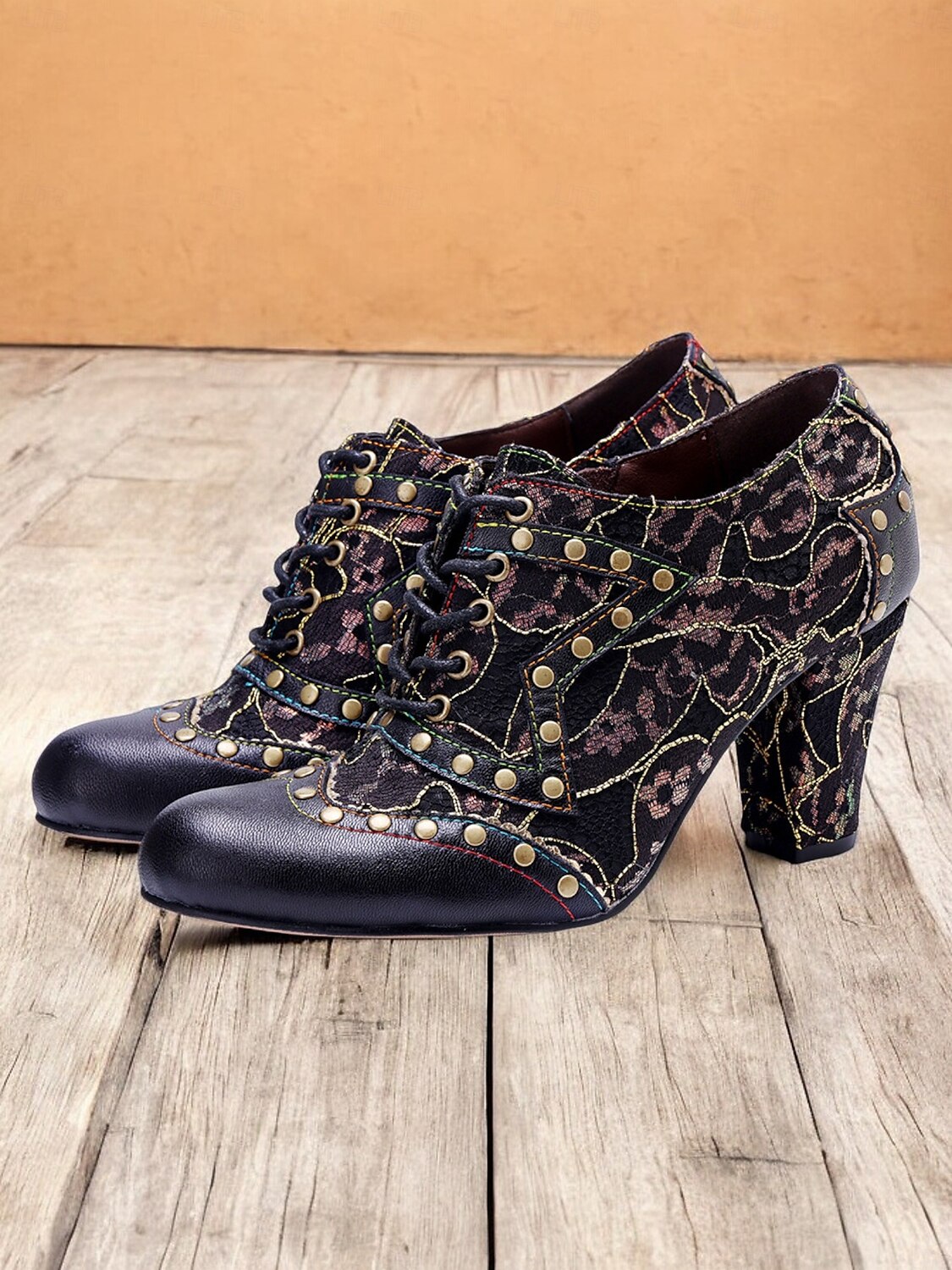 Women's Vintage Lace-Up Heeled Oxford Shoes-Floral Pattern with Studded Detailing for Retro and Steampunk Styles