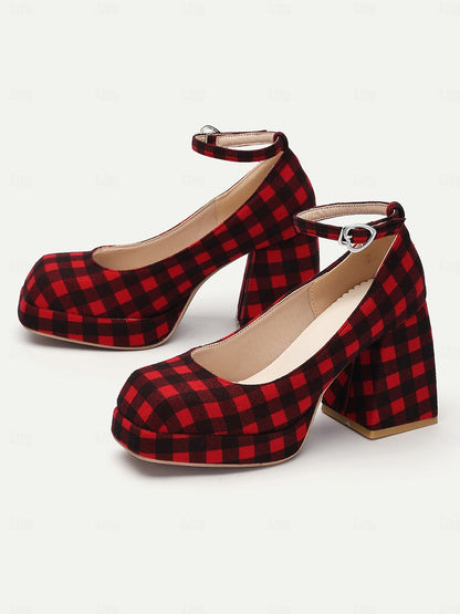 Women's Red Plaid Block Heel Mary Jane Shoes with Ankle Strap, Vintage Style