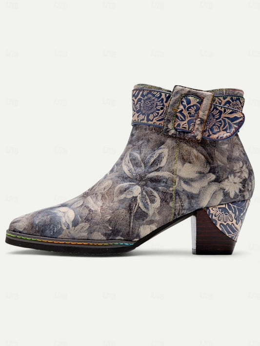 Women's Vintage Floral Ankle Boots with Buckle Strap – Retro Style Chunky Heel Booties for Casual and Festival Wear