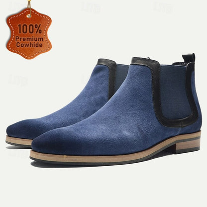 Men's Blue Suede Chelsea Boots - Premium Cowhide Leather, Classic Slip-On Ankle Boots