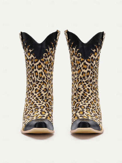 Women's Leopard Print Western Cowboy Boots with Black Faux Leather Accents