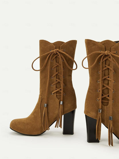 Women's Brown Suede Lace-Up Mid-Calf Boots with Zipper and Tassel Details - Stylish High Heel Boots for Fall and Winter