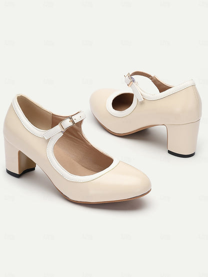 Women's Cream Vintage Mary Jane Block Heel Shoes with Adjustable Strap