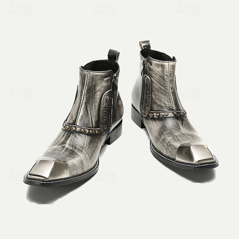 Men's Metallic Silver Leather Chelsea Motorcycle Boots-Pointed Toe Ankle Boots