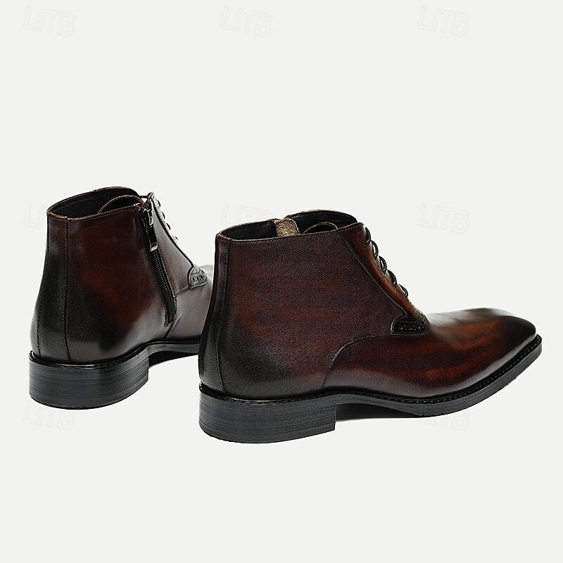 Men's Vintage Brown Leather Ankle Boots - Side Zipper, Lace-Up Design