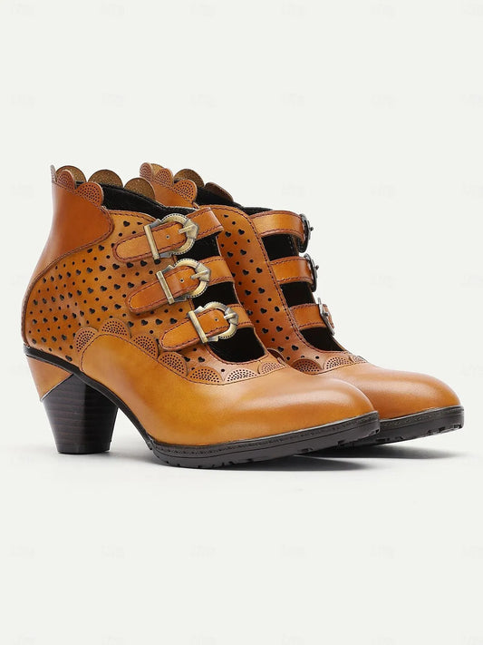 Vintage-Style Light Brown Buckle Strap Ankle Boots with Perforated Design for Women