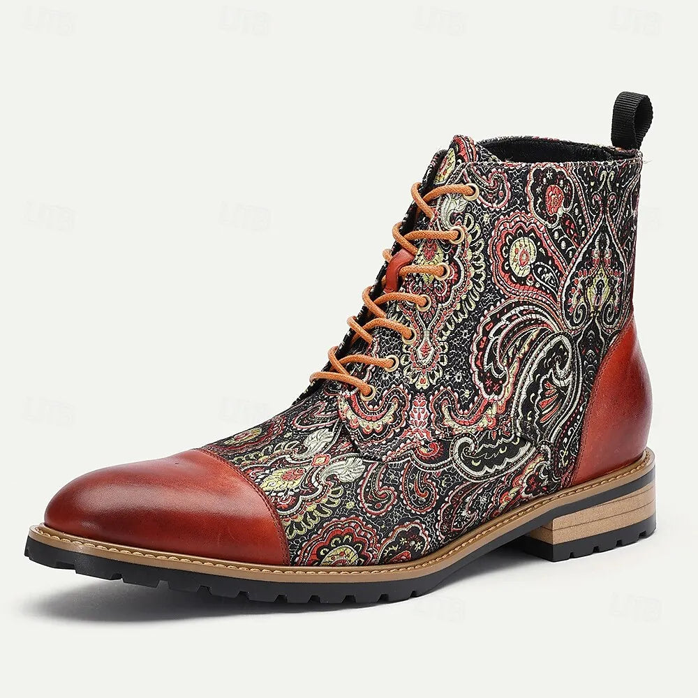 Men's Premium Cowhide and Jacquard Paisley Ankle Boots - Vintage Lace-Up Leather Boots with Rugged Sole for Casual and Formal Wear