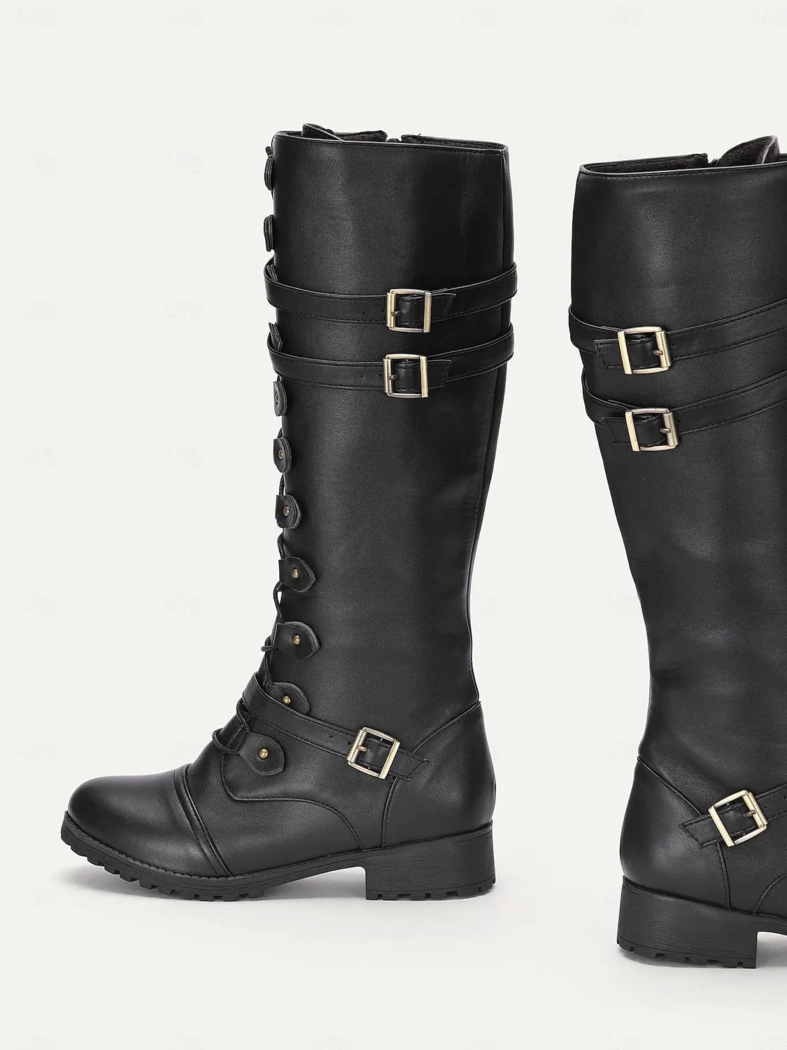 Women's Black Faux Leather Knee-High Combat Boots