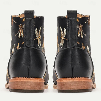 Men's Premium Cowhide Lace-Up Boots with Dragonfly Embroidery and Leather Toe Cap