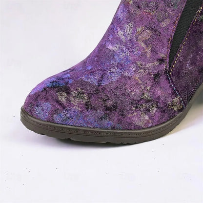 Women's Purple Floral Textured Elastic Panel Ankle Boots - Tokiyos