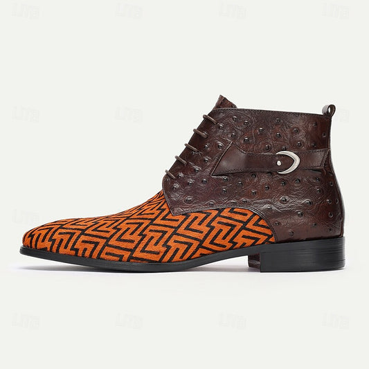 Men's Premium Cowhide Leather with Pony Hair Ankle Boots Geometric Pattern