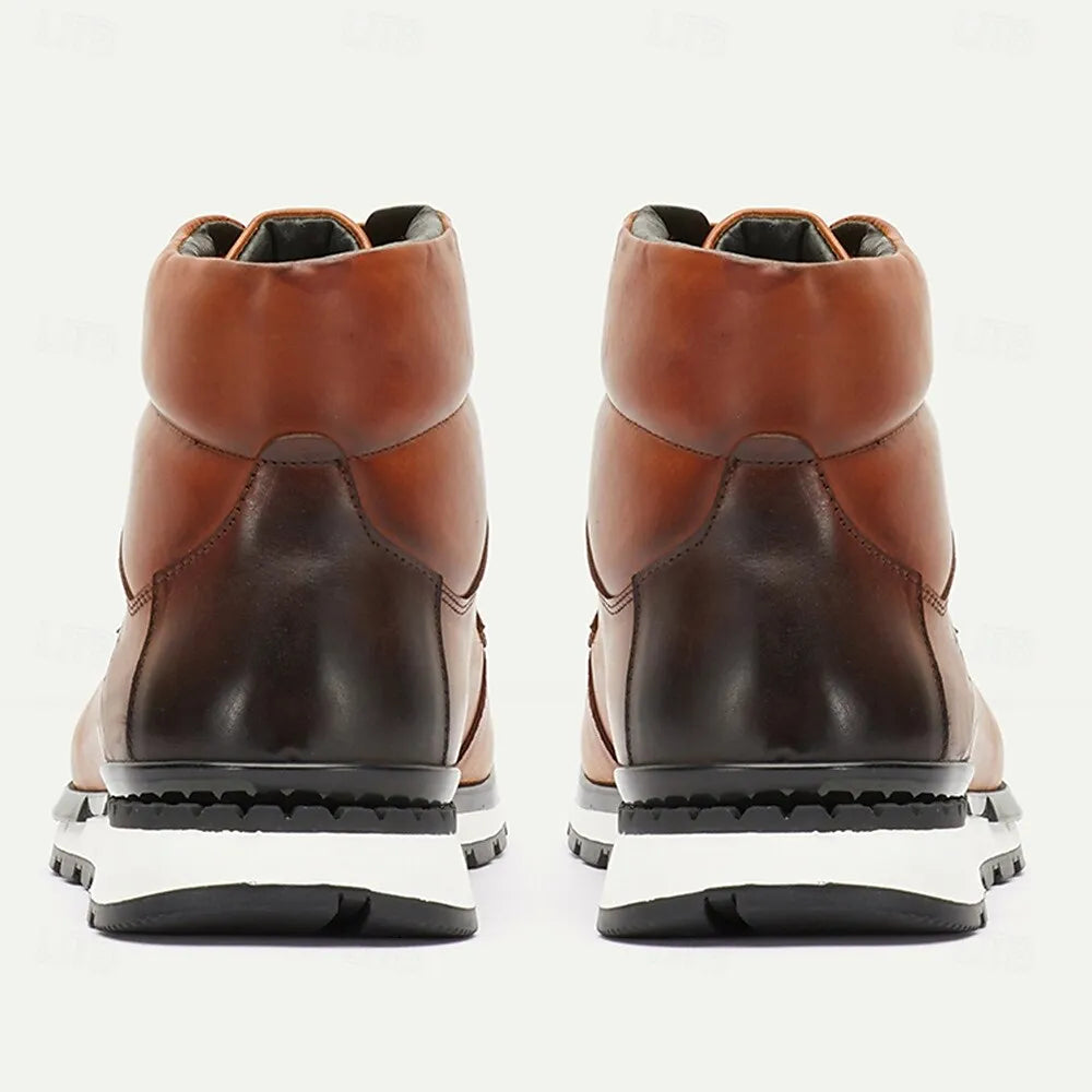 Men's Brown Leather Lace-Up Ankle Boots with Padded Collar for Casual and Outdoor Wear