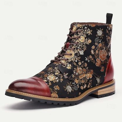 Men's Jacquard Fabric and Leather Ankle Boots - Floral Pattern Lace-Up Design for Vintage-Inspired Fashion