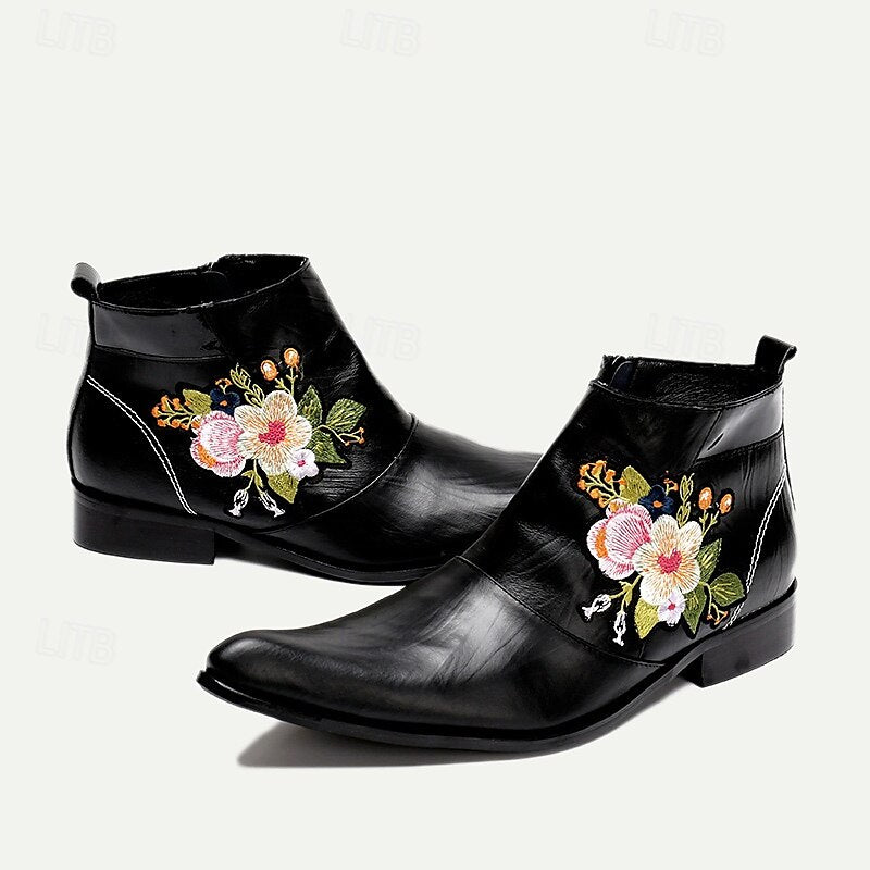 Men's Premium Cowhide Embroidered Leather Ankle Boots - Stylish Floral Design for Casual or Formal Wear