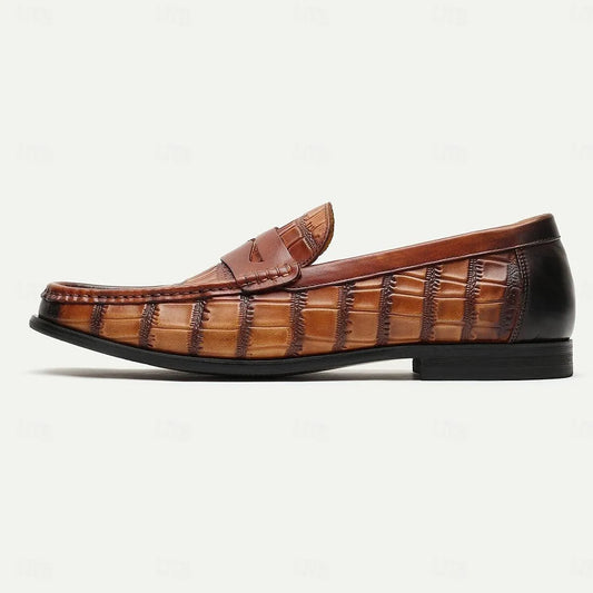 Men's Brown Crocodile Print Leather Penny Loafers - Tokiyos