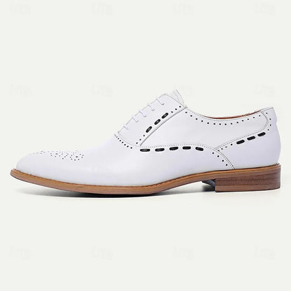 Men's White Leather Brogue Oxford Shoes - Tokiyos