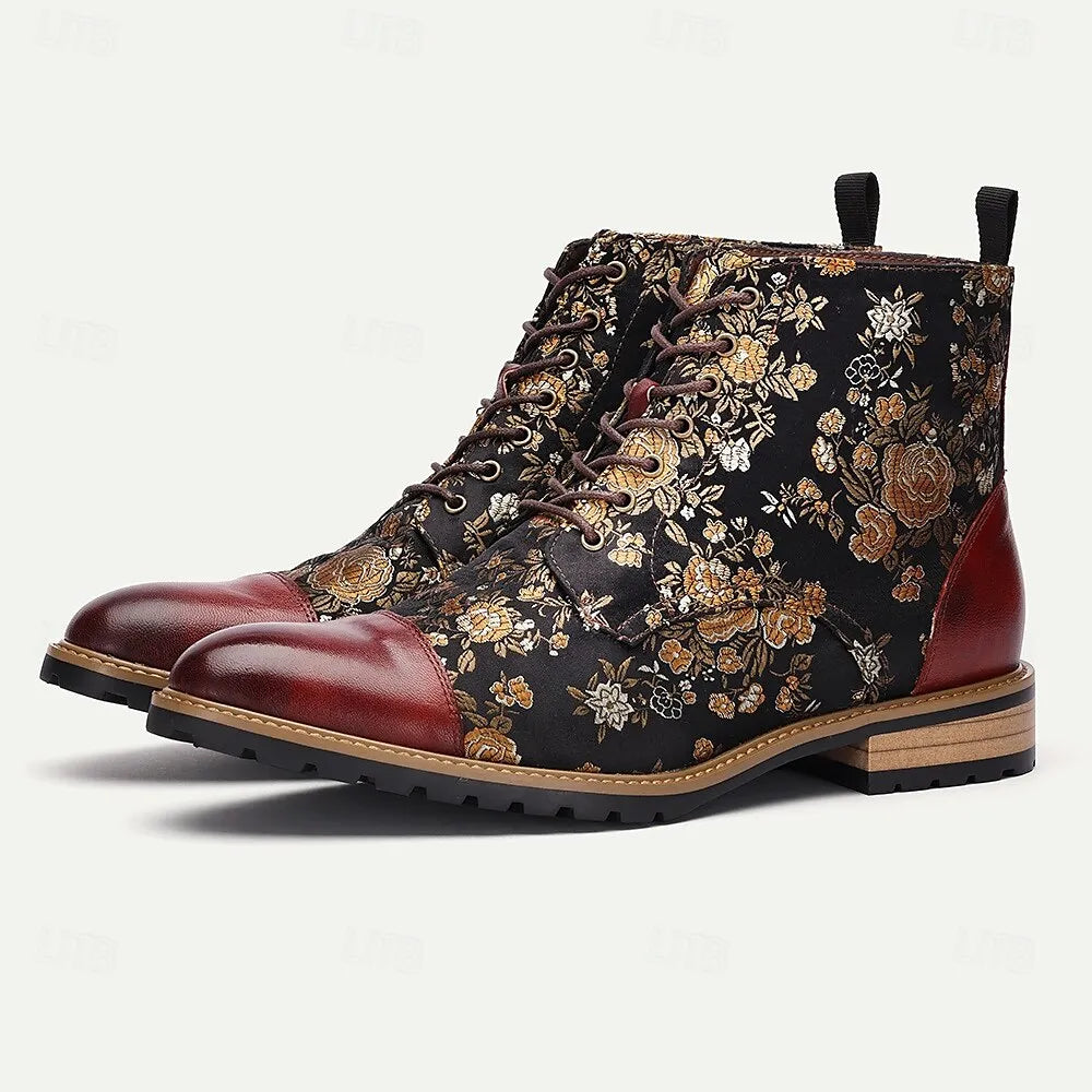 Men's Jacquard Fabric and Leather Ankle Boots - Floral Pattern Lace-Up Design for Vintage-Inspired Fashion