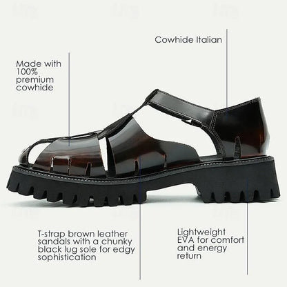 Men's Chunky Brown Leather Roman Sandals Closed-Toe Fisherman Style - Tokiyos