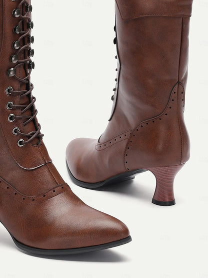 Women's Brown Victorian Lace-Up Boots with Mid Heel and Brogue Detailing - Retro Style Knee-High Boots