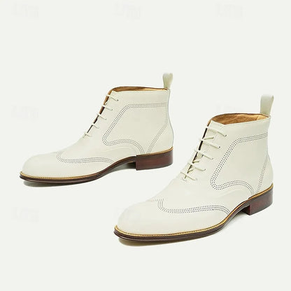 Men's Premium Cowhide White Oxford Boots Perforated Design