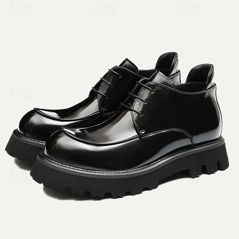 Men's Brown Patent Leather Chunky Lace-Up Ankle Boots Rugged Sole Designer  – Tokiyos