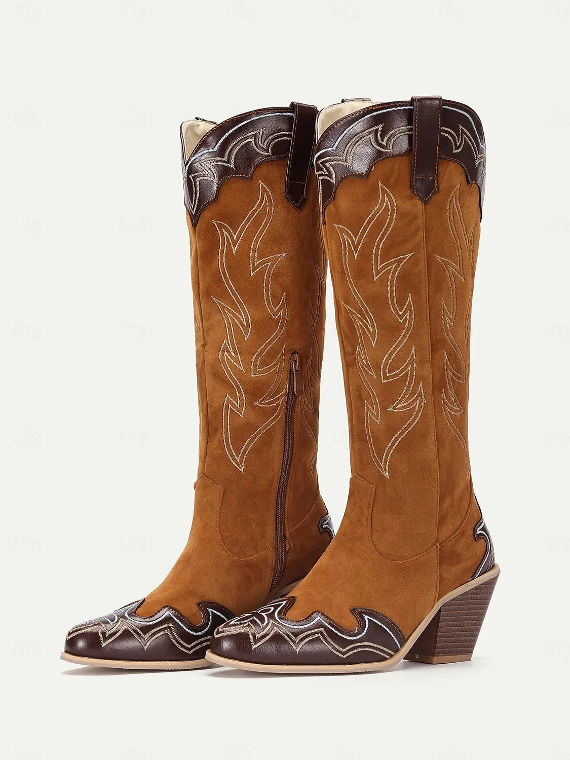 Women's Brown and Black Suede Western Cowboy Boots with Embroidered Details and Block Heel - Stylish Mid-Calf Boots for All Seasons