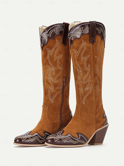 Women's Brown and Black Suede Western Cowboy Boots with Embroidered Details and Block Heel - Stylish Mid-Calf Boots for All Seasons