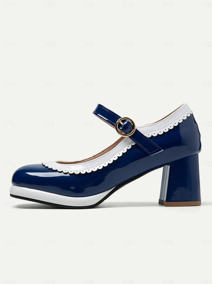 Women's Retro Blue and White Mary Jane Block Heels with Scalloped Trim – Vintage-Style Shoes for Cosplay, Parties, and Formal Occasions